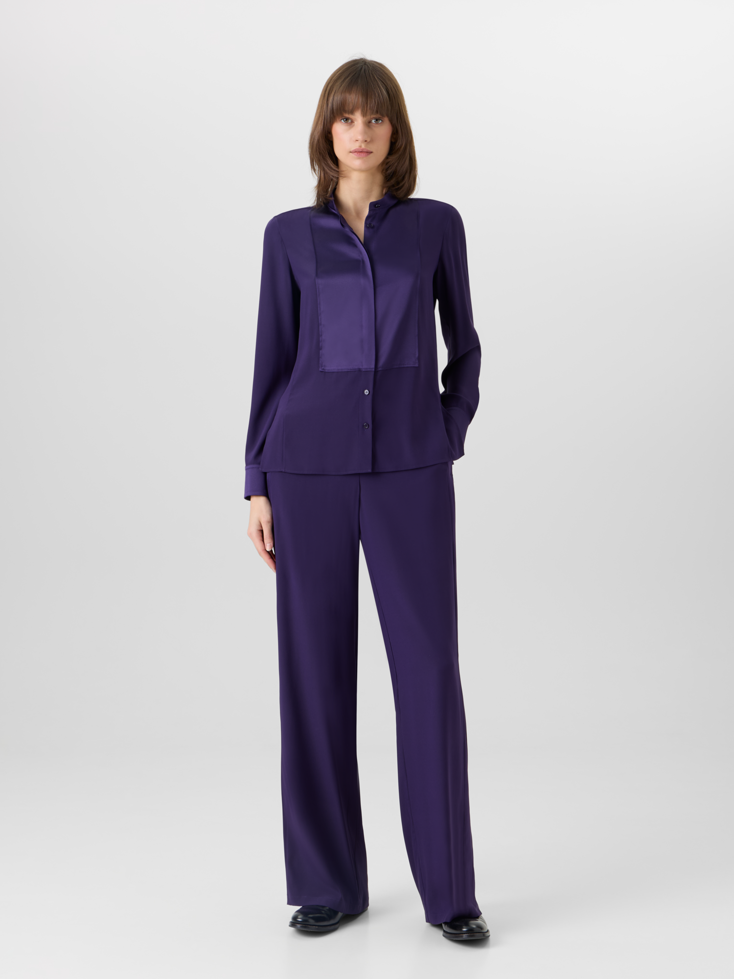 Designer Long-Sleeve Stretch-Silk Blouse - purple 