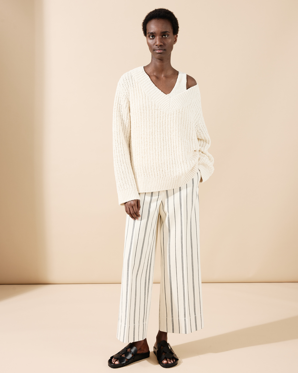 Designer Striped Light Cotton Culotte Pants - neutral - multicolor - ecru - white #editorial