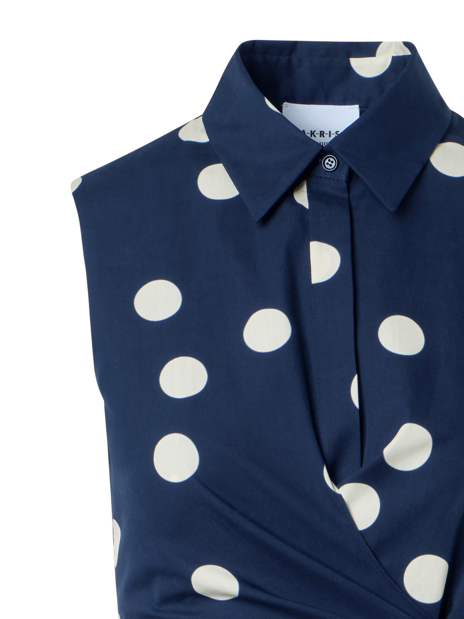 Designer Polka Dot Wrap Midi Dress in Cotton Poplin - navy