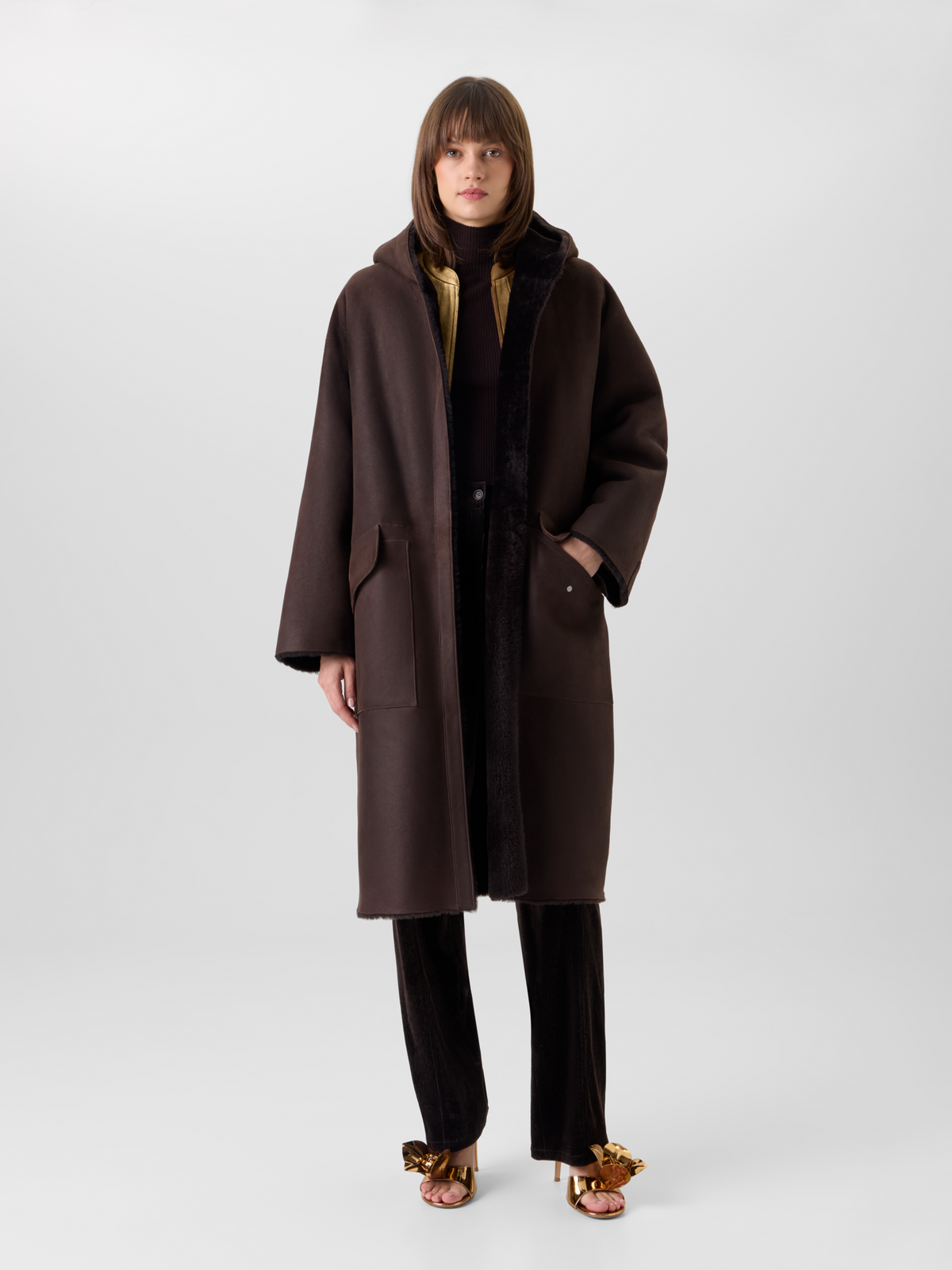 Designer Reversible Oversize Hooded Shearling Coat - brown 