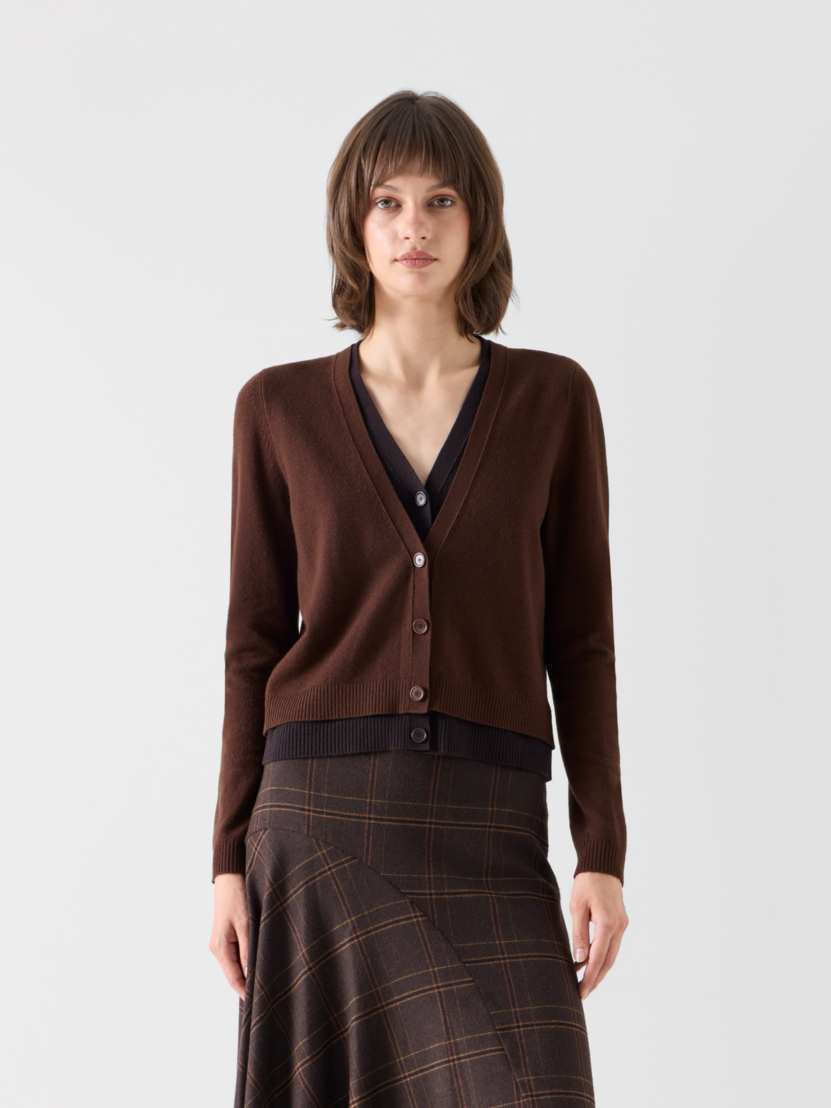 Designer Wool Cashmere Cardigan with V-Neck Trompe l'Oeil - brown #editorial