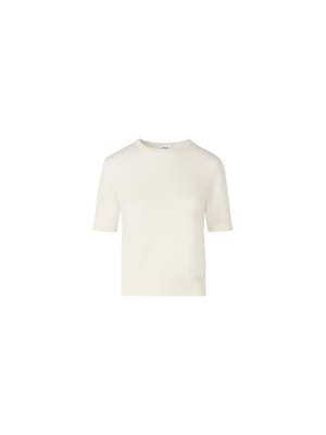 Designer Short-Sleeve Merino Wool Knit Sweater - ecru