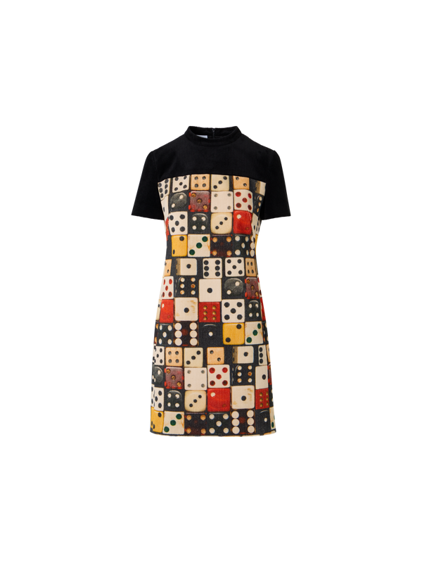 Designer Mini Dress in Cotton Corduroy with Dice Print - multicolor - black