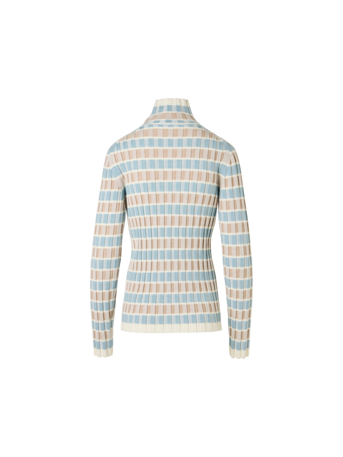 Designer Merino Wool Ribbed Sweater with Check Intarsia - multicolor