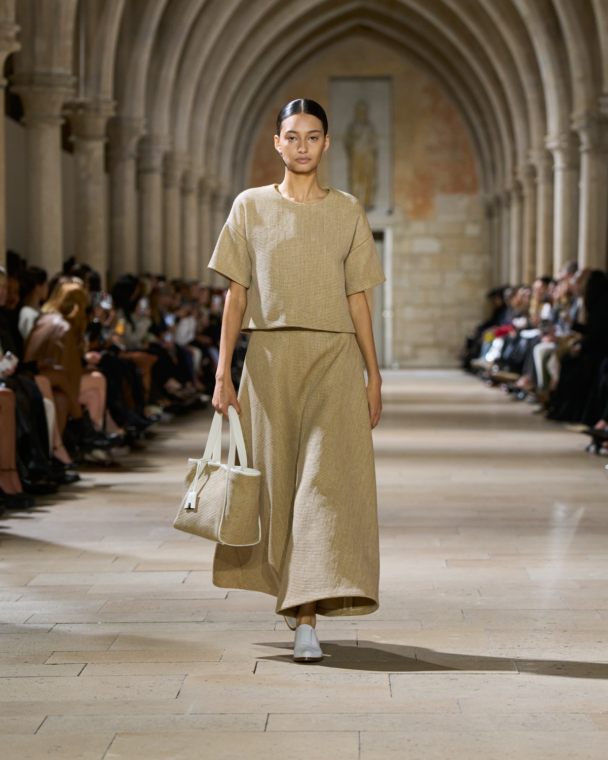 Designer A-Line Midi Skirt in Soft Cotton Raffia - neutral - beige #editorial