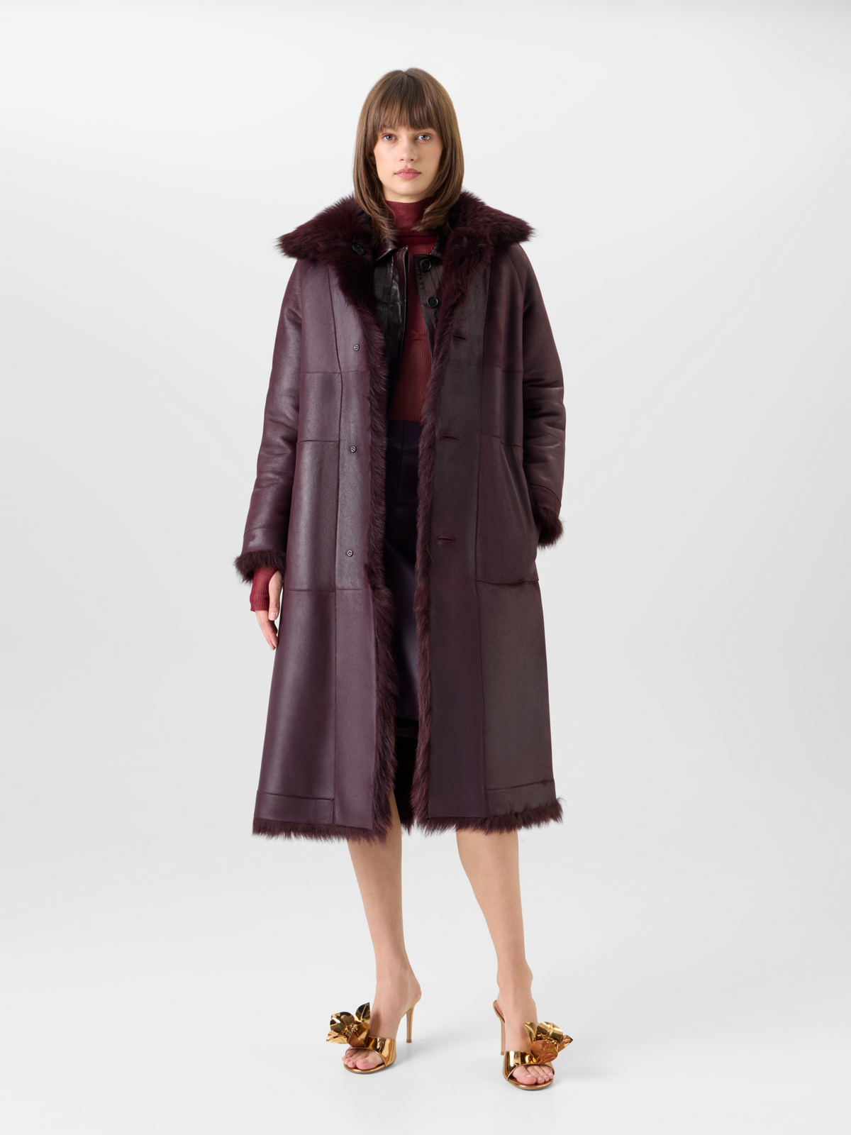 Designer Oversized Long Toscana Shearling Coat - red #editorial