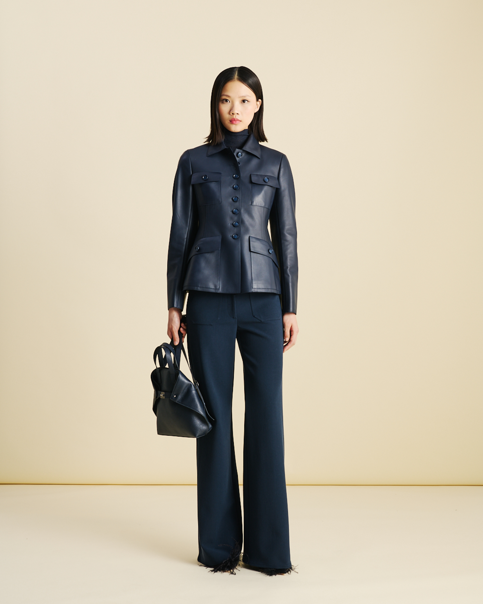 Designer Fitted Leather Jacket with Patch Pockets - neutral - navy - blue 