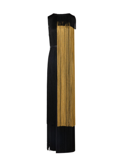 Designer Silk Gown with Oro Lienzo Maxi Fringes - black - multicolor - gold