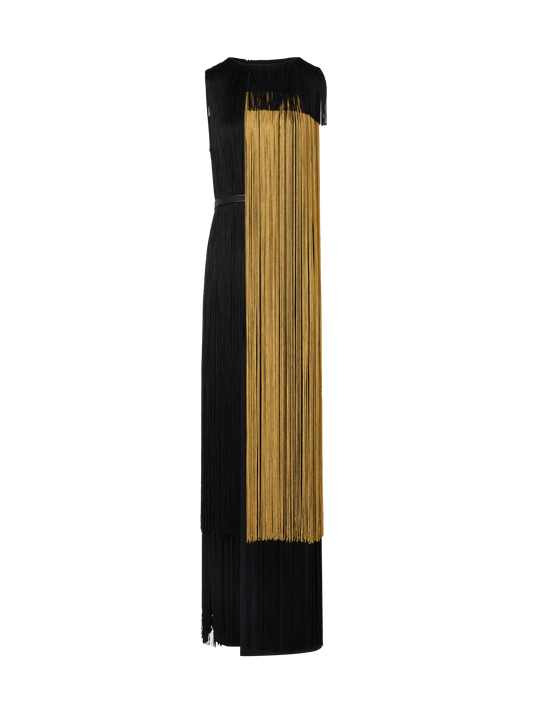 Designer Silk Gown with Oro Lienzo Maxi Fringes - black - multicolor - gold