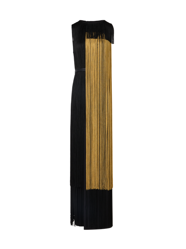 Designer Silk Gown with Oro Lienzo Maxi Fringes - black - multicolor - gold