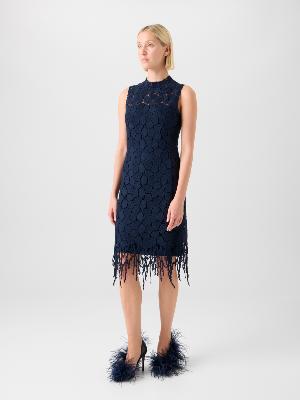 Designer Fringe Sheath Dress in Lapis Lazuli Embroidery - neutral - navy - blue #editorial