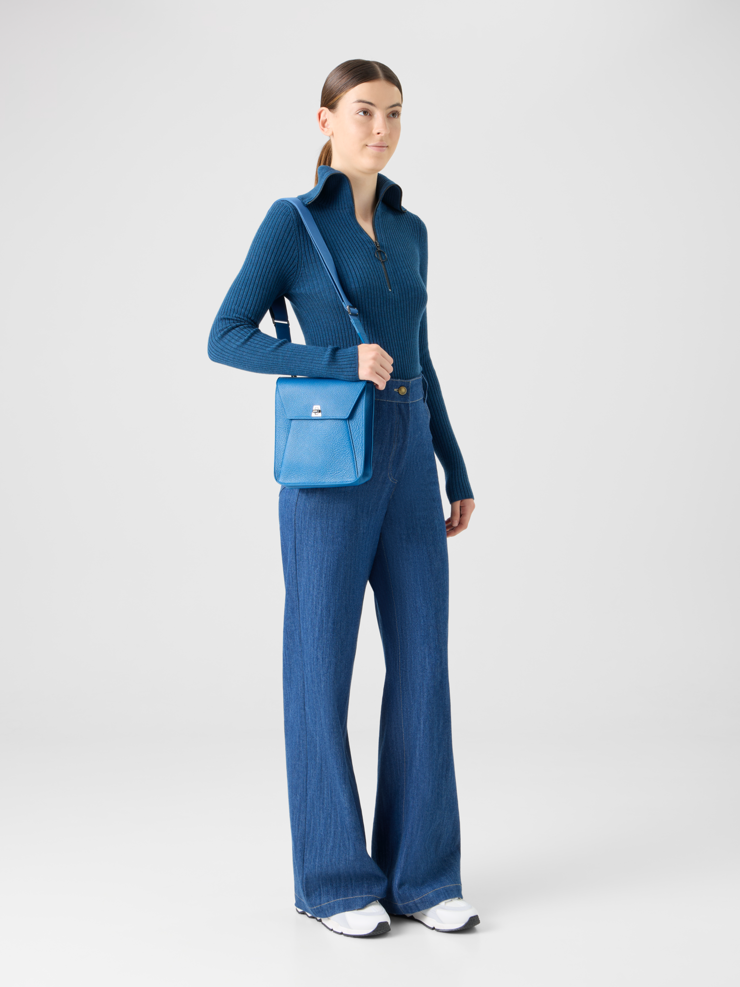 Designer Wide Cotton Denim Stretch Pants - navy - blue 