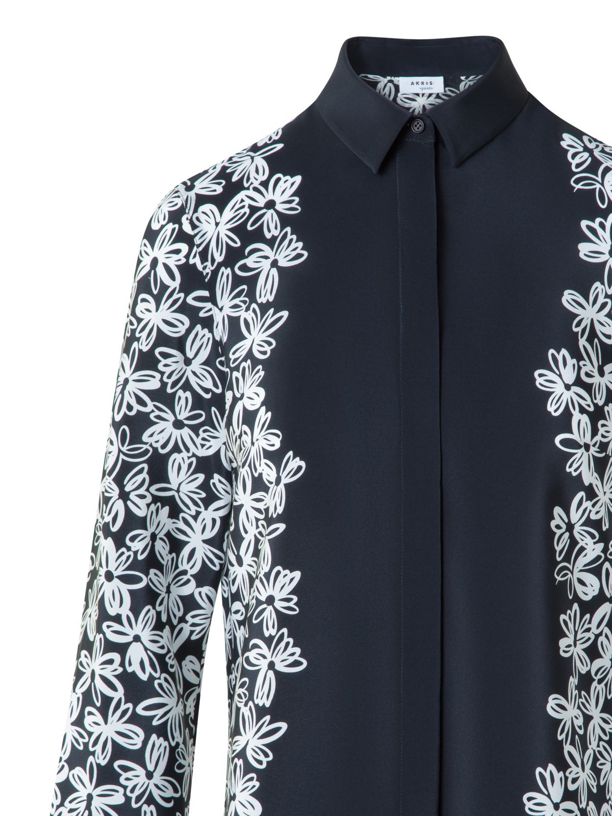 Designer Silk Blouse with Daisy Print - black - neutral - multicolor