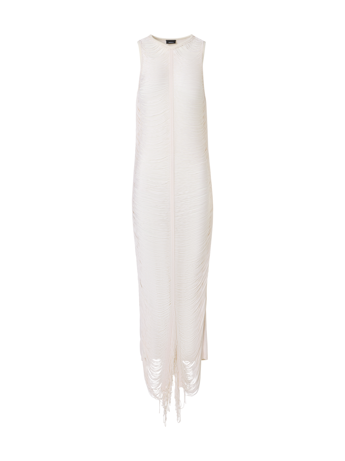 Designer Sleeveless Fringe Drape Maxi Knit Dress in Silk - ecru