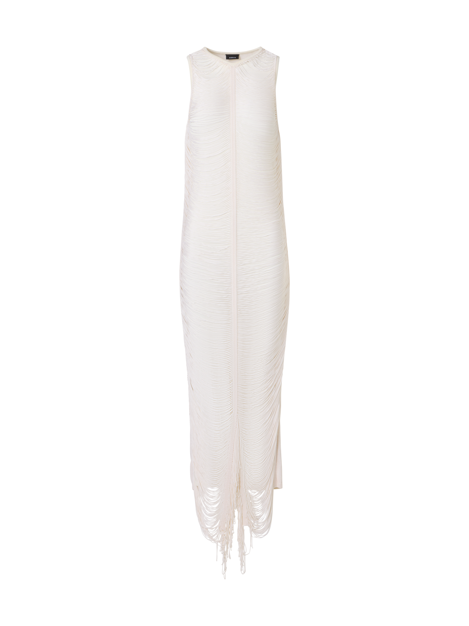 Designer Sleeveless Fringe Drape Maxi Knit Dress in Silk - ecru