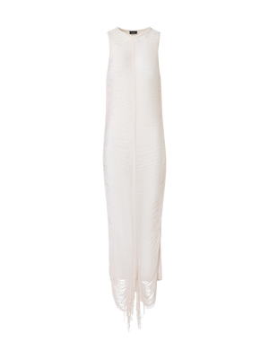 Designer Sleeveless Fringe Drape Maxi Knit Dress in Silk - ecru