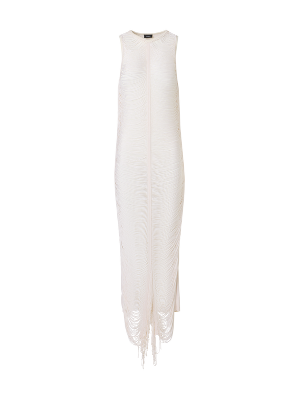 Designer Sleeveless Fringe Drape Maxi Knit Dress in Silk - ecru