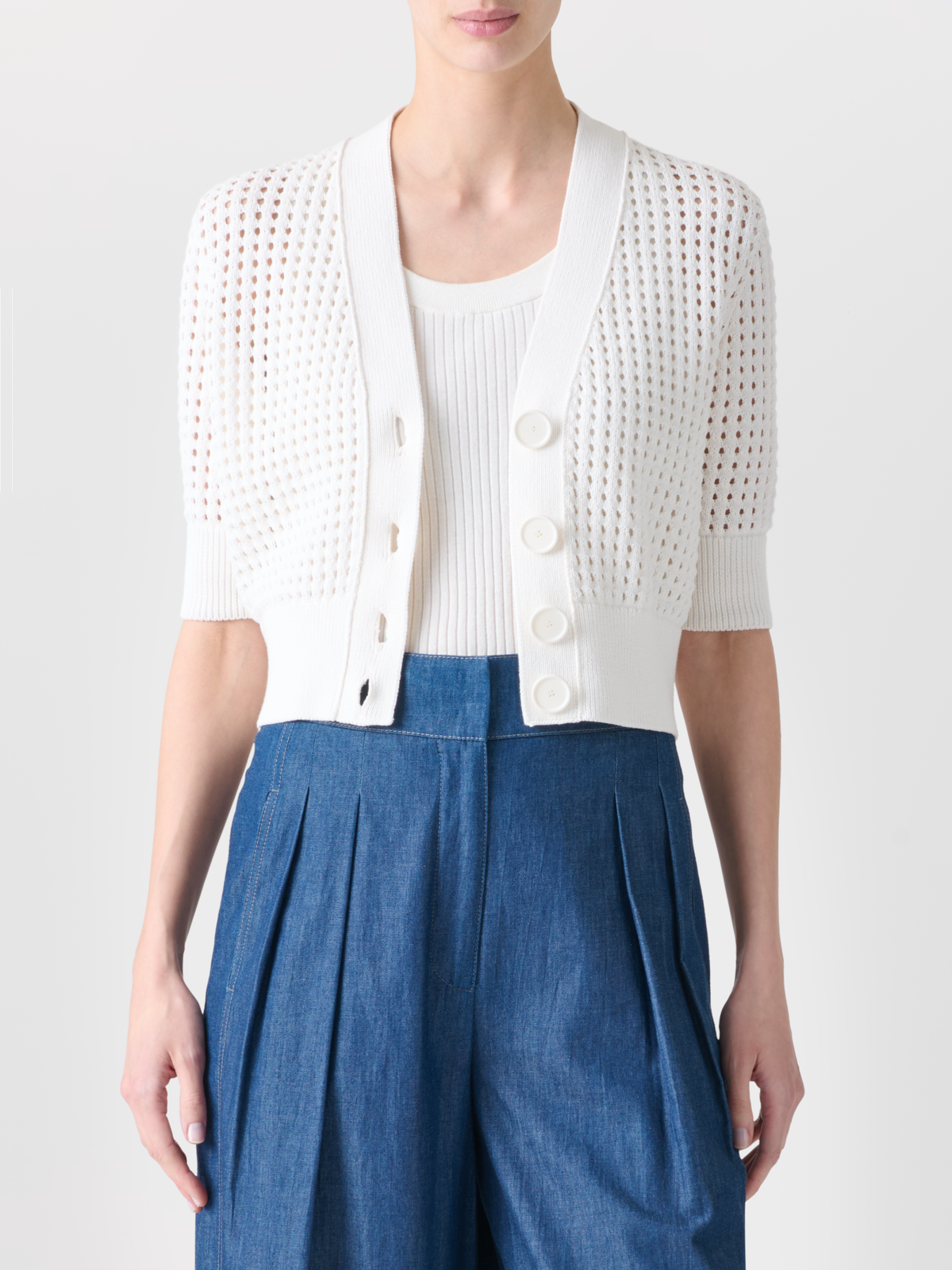 Designer Cropped Cardigan in Chunky Cotton Mesh - neutral - ecru - white #editorial