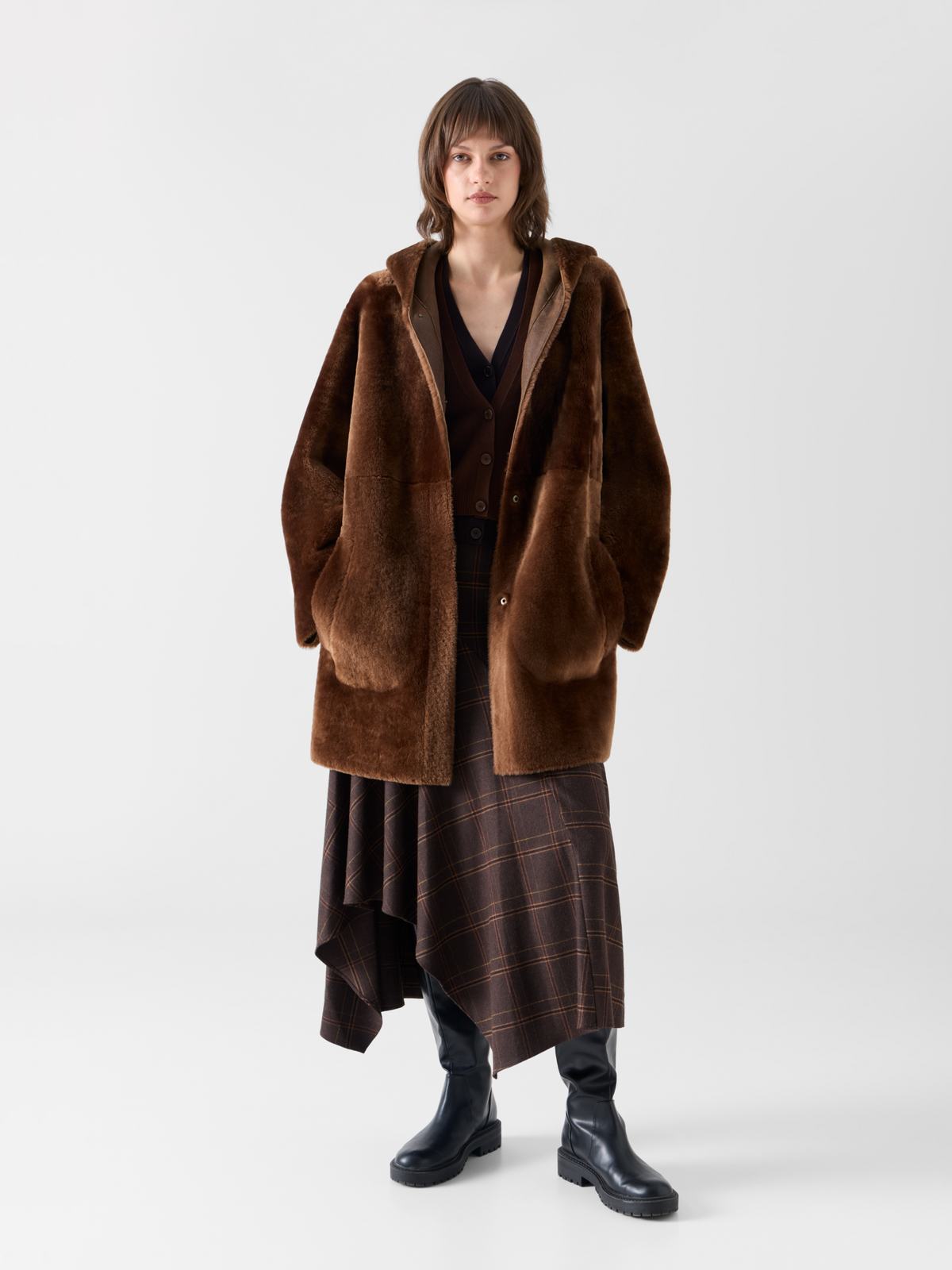 Designer Oversize Reversible Lamb Fur Parka with Hood - brown #editorial