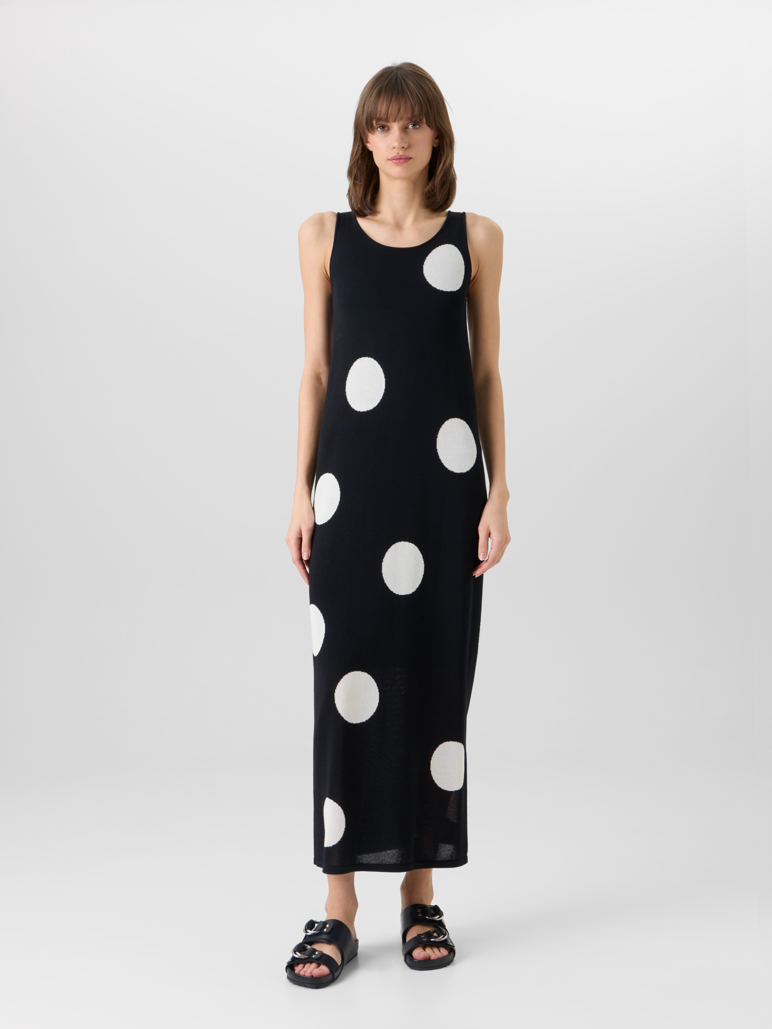 Designer Sleeveless Polka-Dot Midi Knit Dress - black 