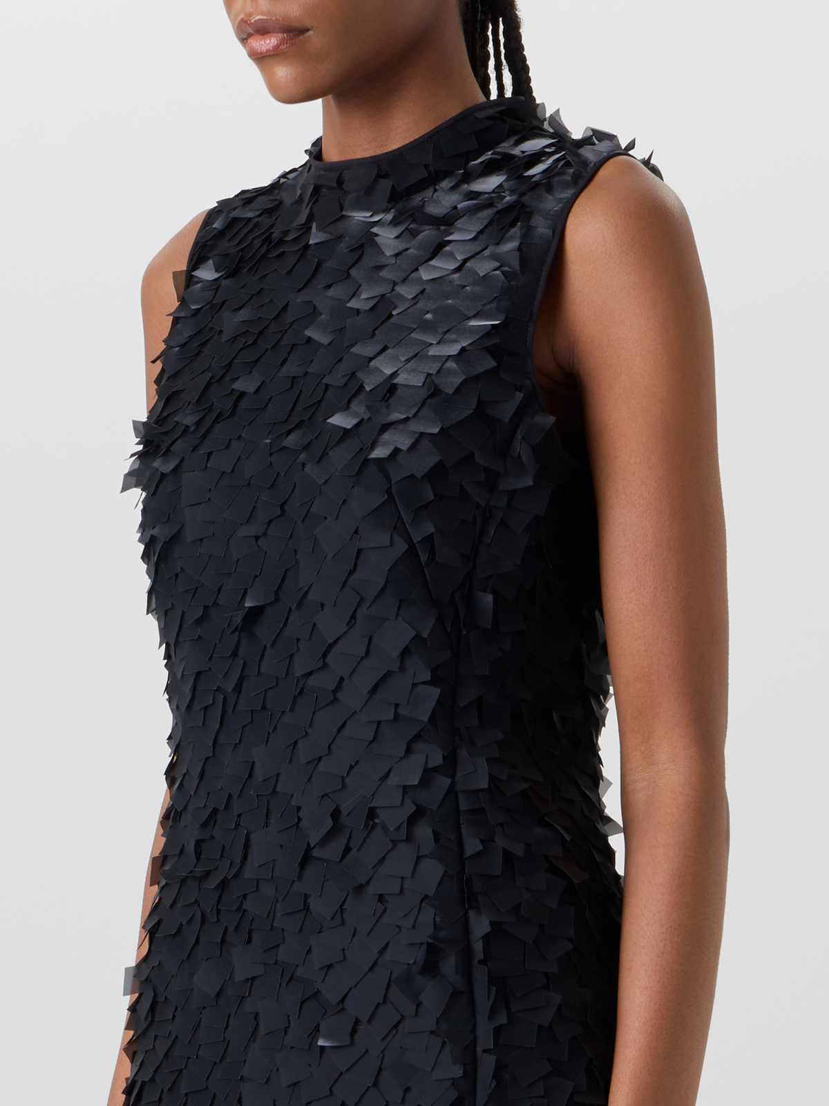 Designer Sleeveless Sheath Dress in Layered Organza Tiles - black #editorial