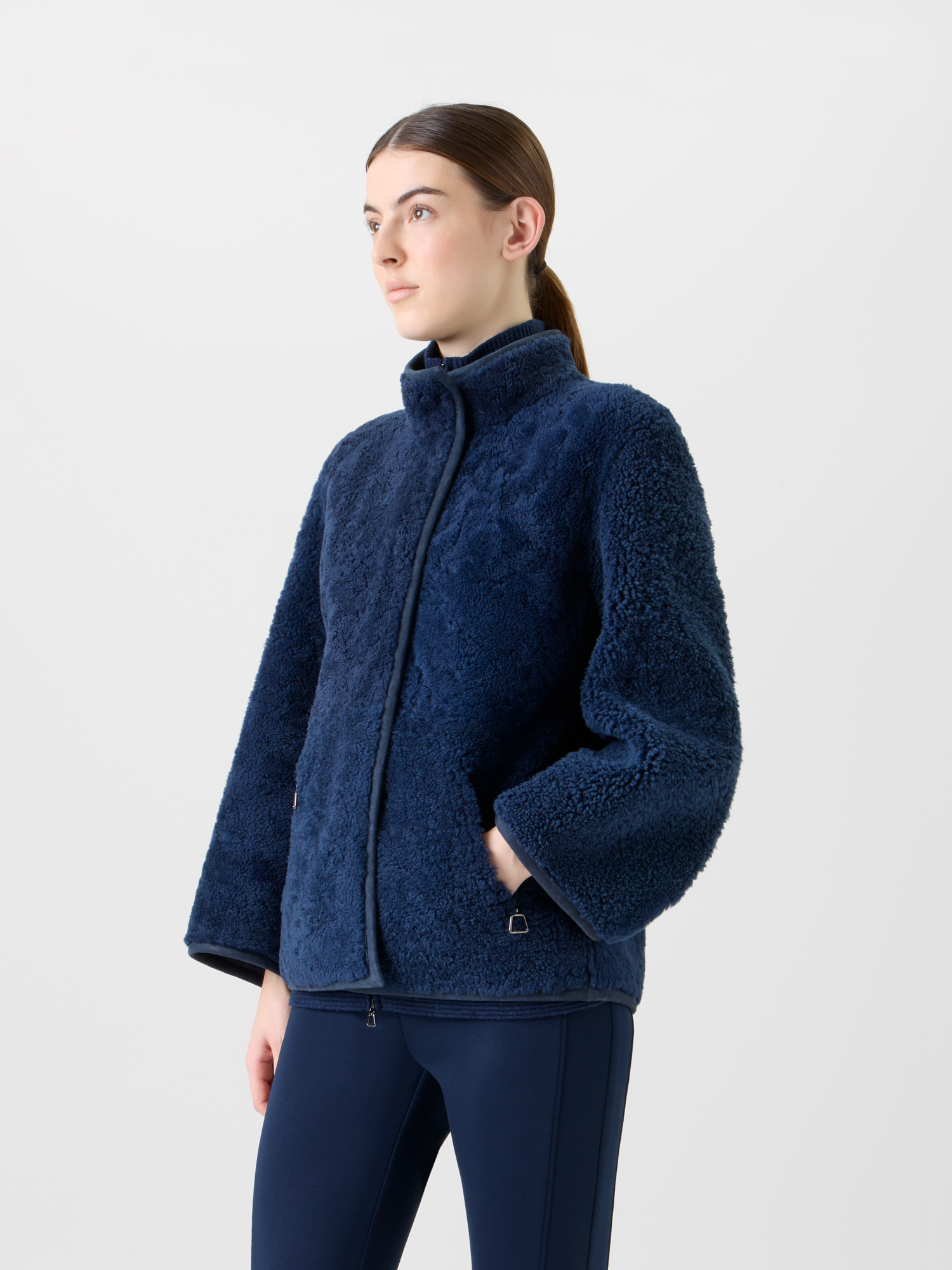 Designer Reversible Shearling Mock Neck Jacket - neutral - navy - blue 