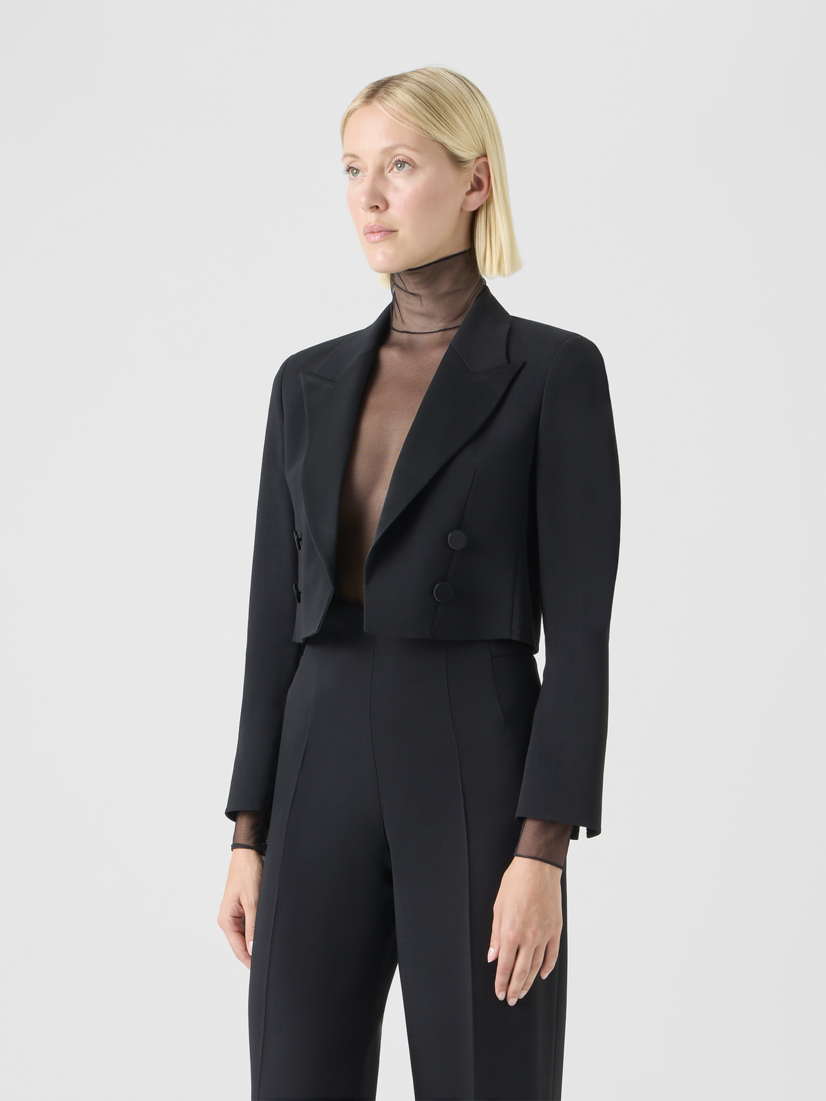 Designer Cropped Wool Double-Face Jacket with Satin Lapel - black #editorial