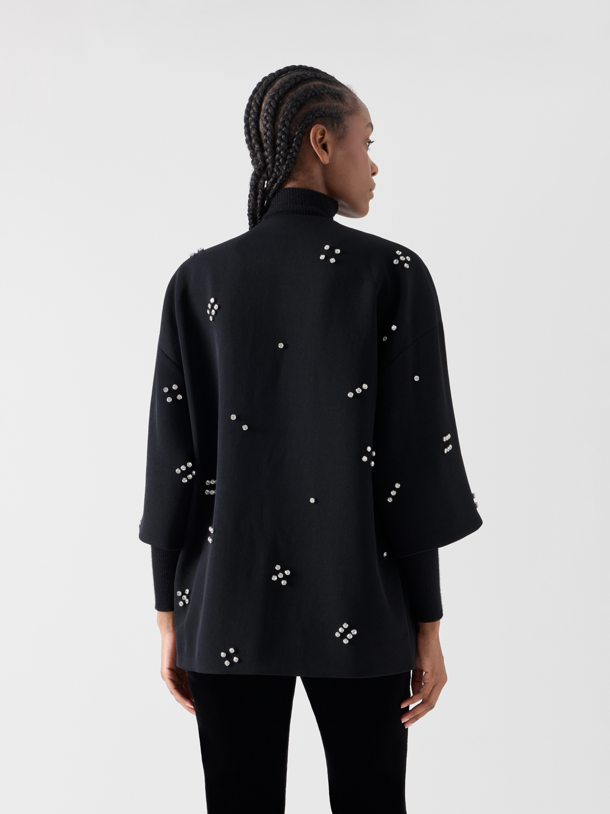 Designer Car Coat with Diamond Dice Dot Embellishment - black 