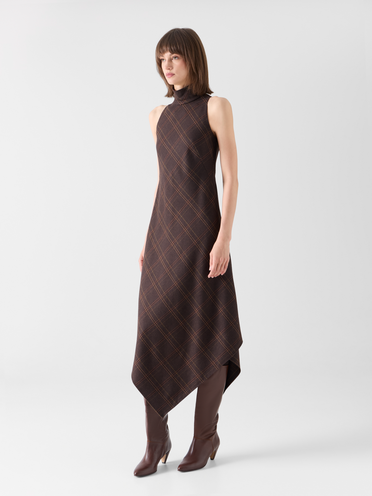 Designer Halter Midi Dress in Check Flannel - brown 