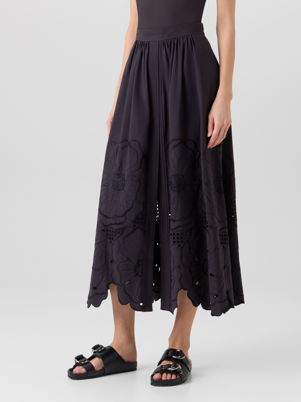 Designer Flared Flower Eyelet Midi Skirt - black #editorial