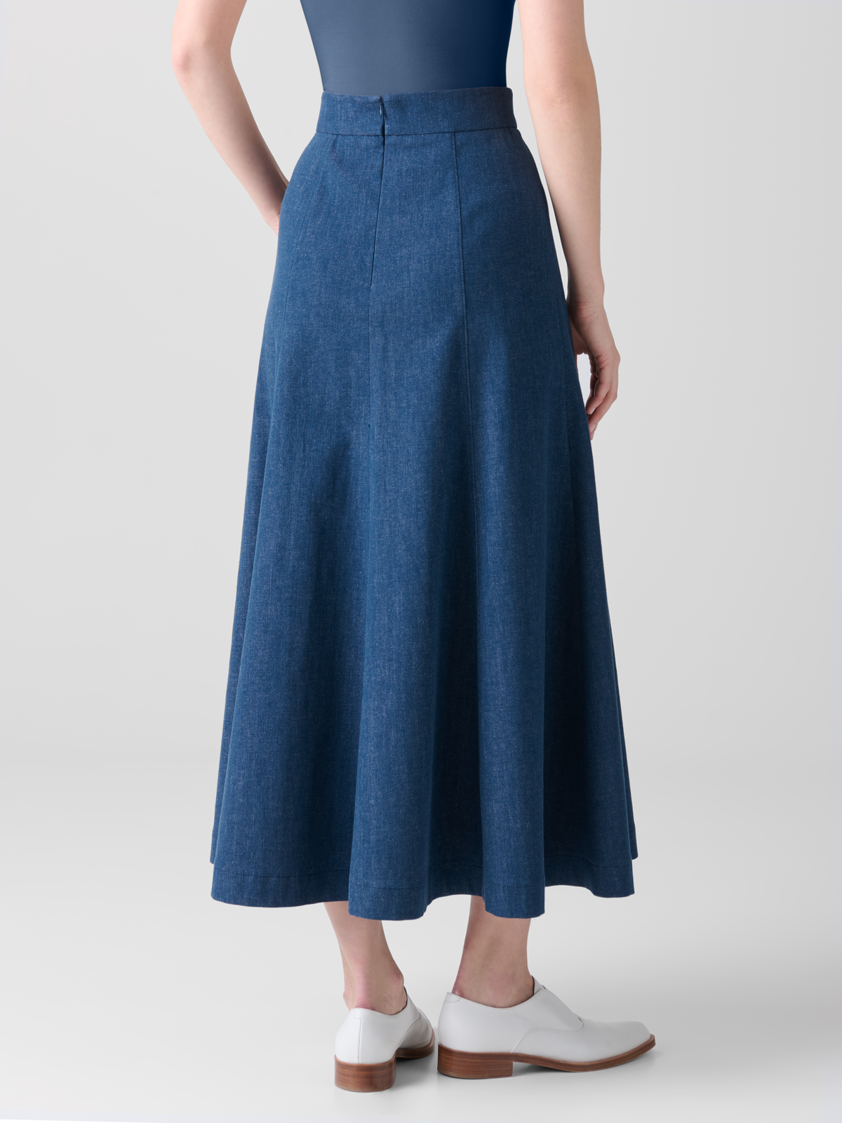 Designer A-Line Cotton Denim Midi Skirt - blue