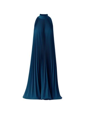 Designer A-Line Plissé Halter Midi Dress - navy