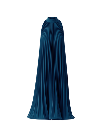 Designer A-Line Plissé Halter Midi Dress - navy