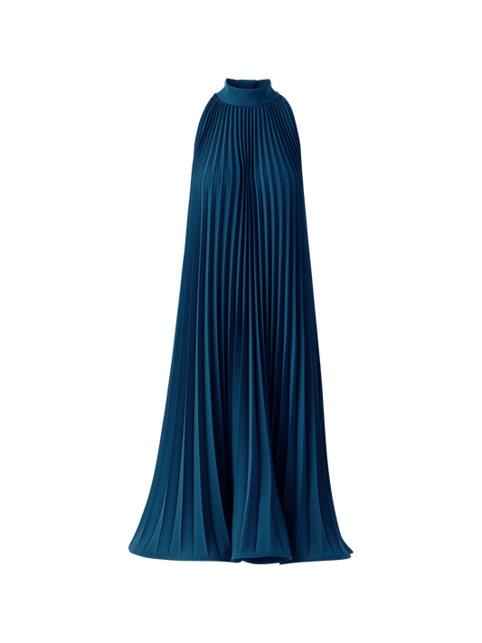 Designer A-Line Plissé Halter Midi Dress - navy