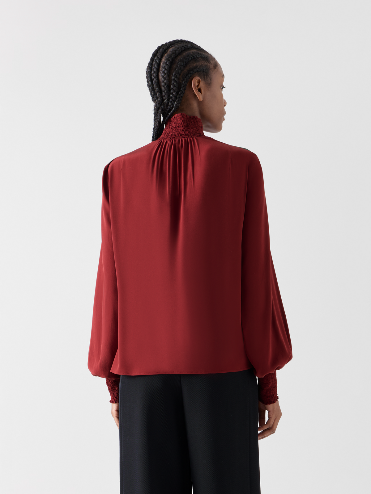 Designer Boho Silk Crêpe Blouse with Smocked Details - wine - red #editorial