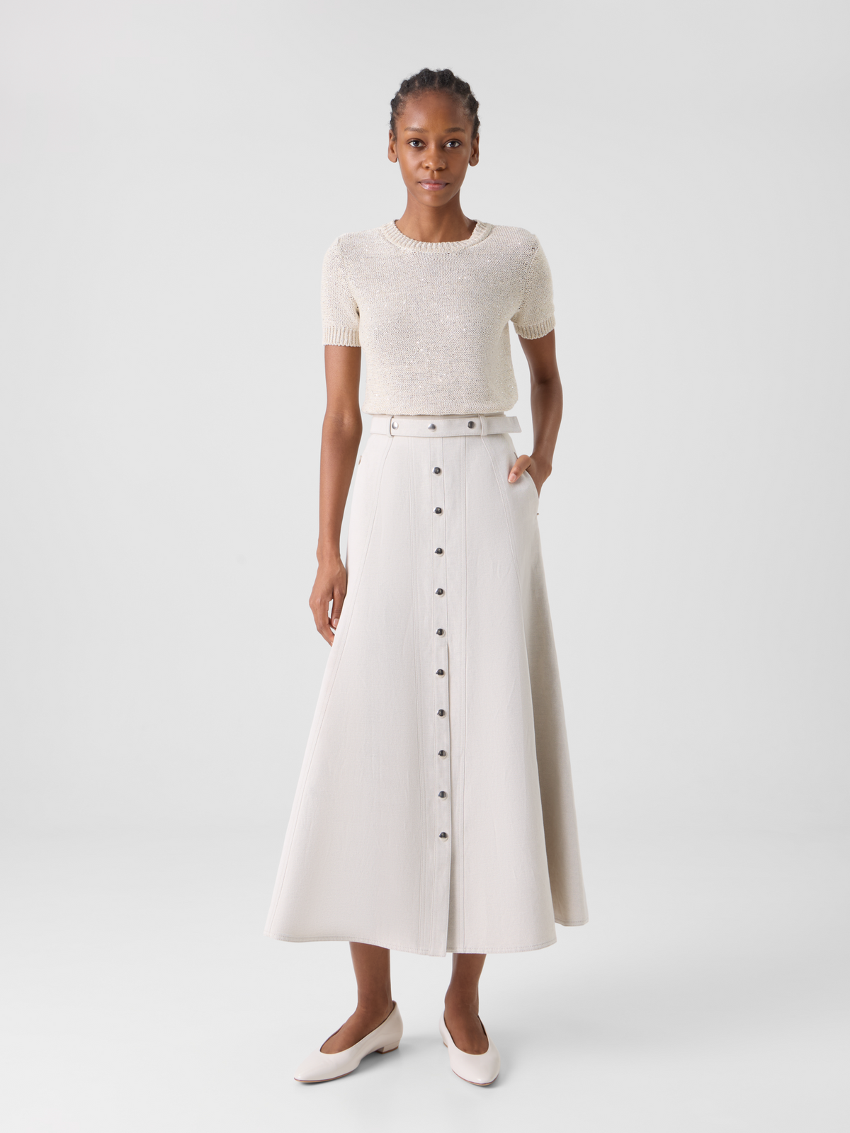 Designer A-Line Midi Button Down Skirt - grey #editorial