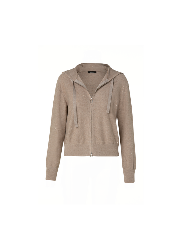 Designer Linen Sequins Short Knit Hoodie - neutral - brown - beige - gold