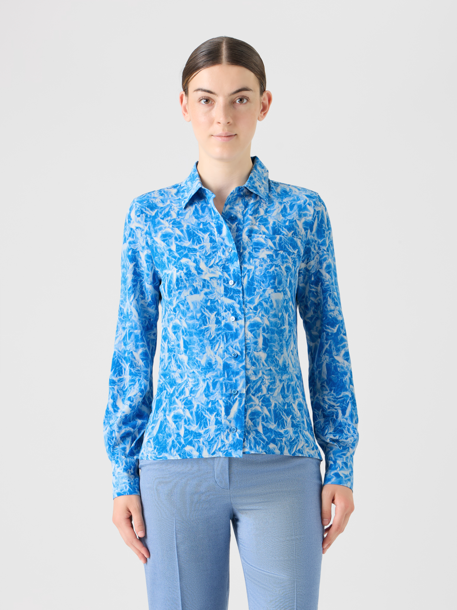 Designer Silk Crêpe Tunic Blouse with Whitecaps Print - navy - ecru 