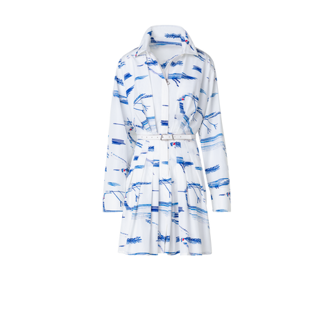 Pleated Shirt Dress with Kasuri Birds Print