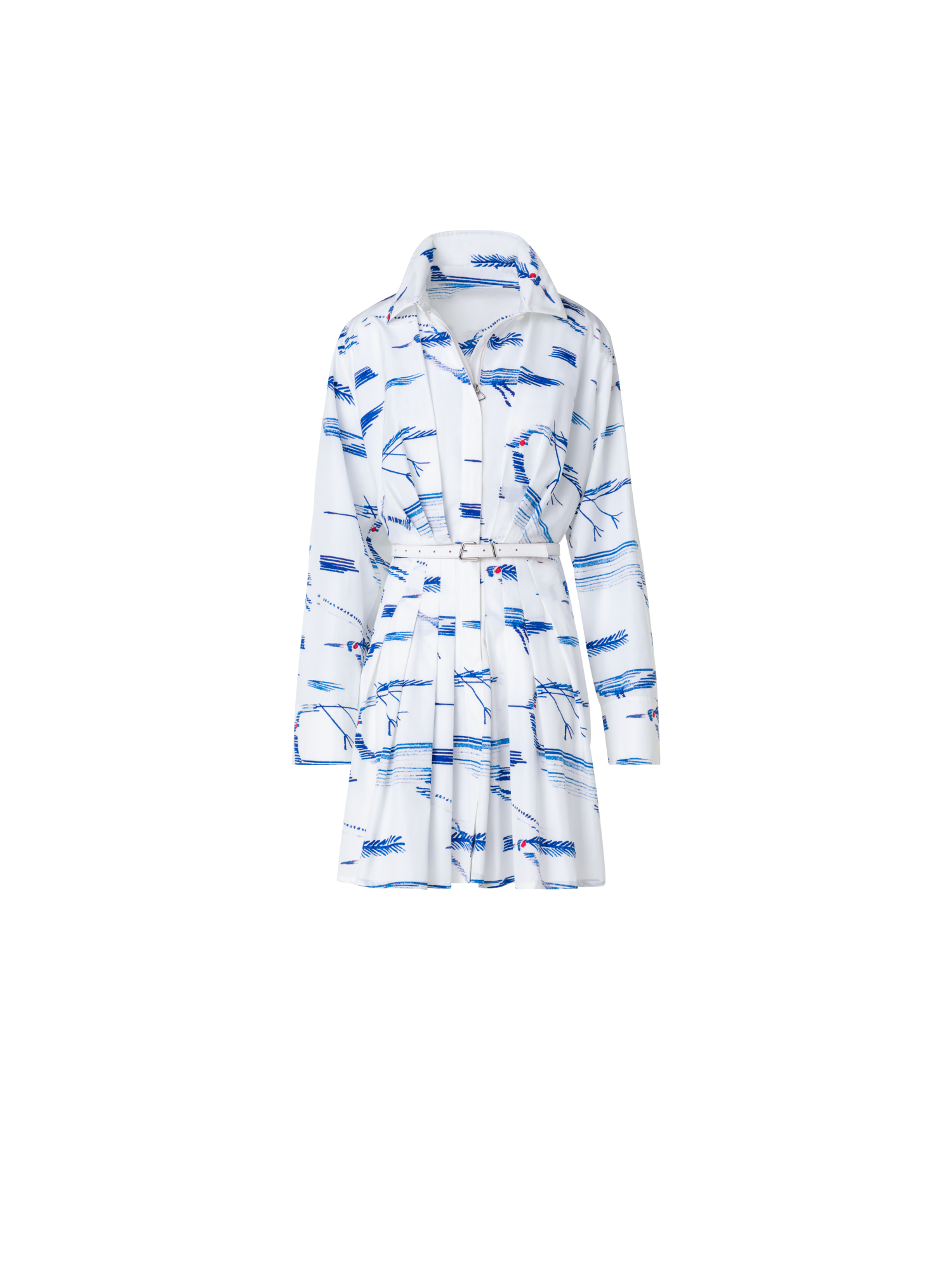 Designer Pleated Shirt Dress with Kasuri Birds Print - blue - multicolor - ecru - white