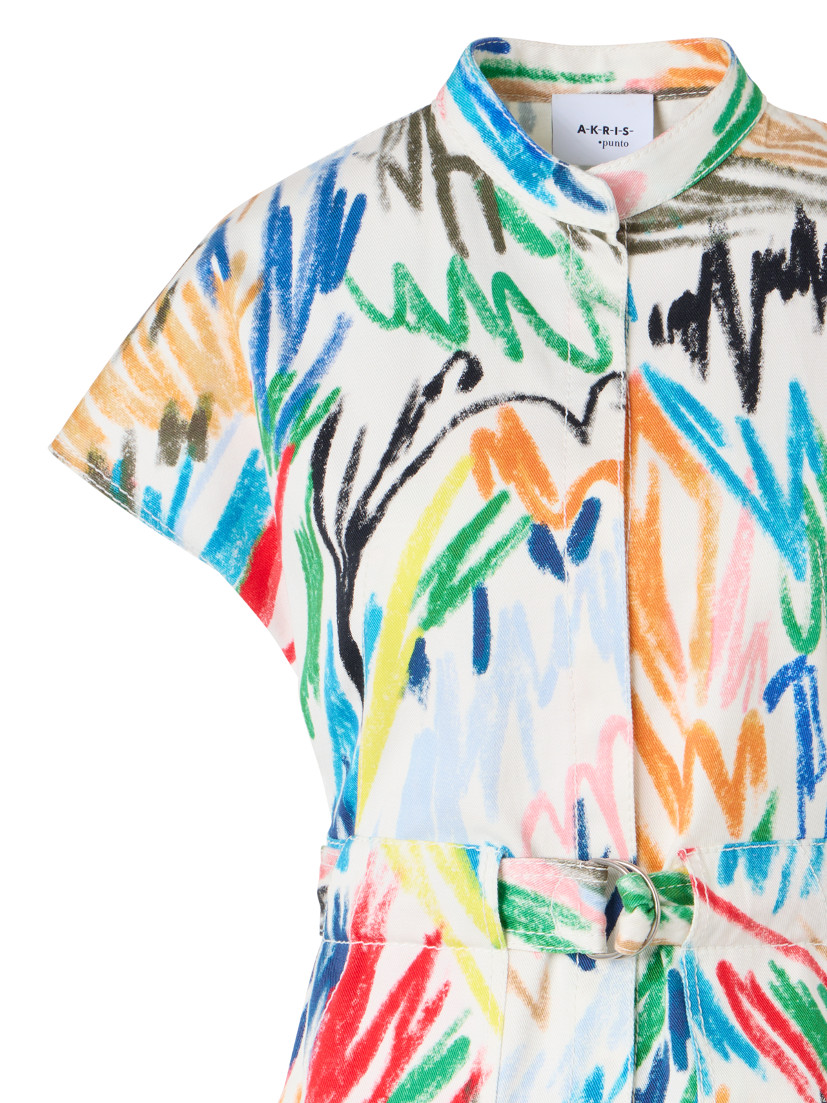Designer Belted Scribble Print Cotton Denim Mini Dress - multicolor - ecru