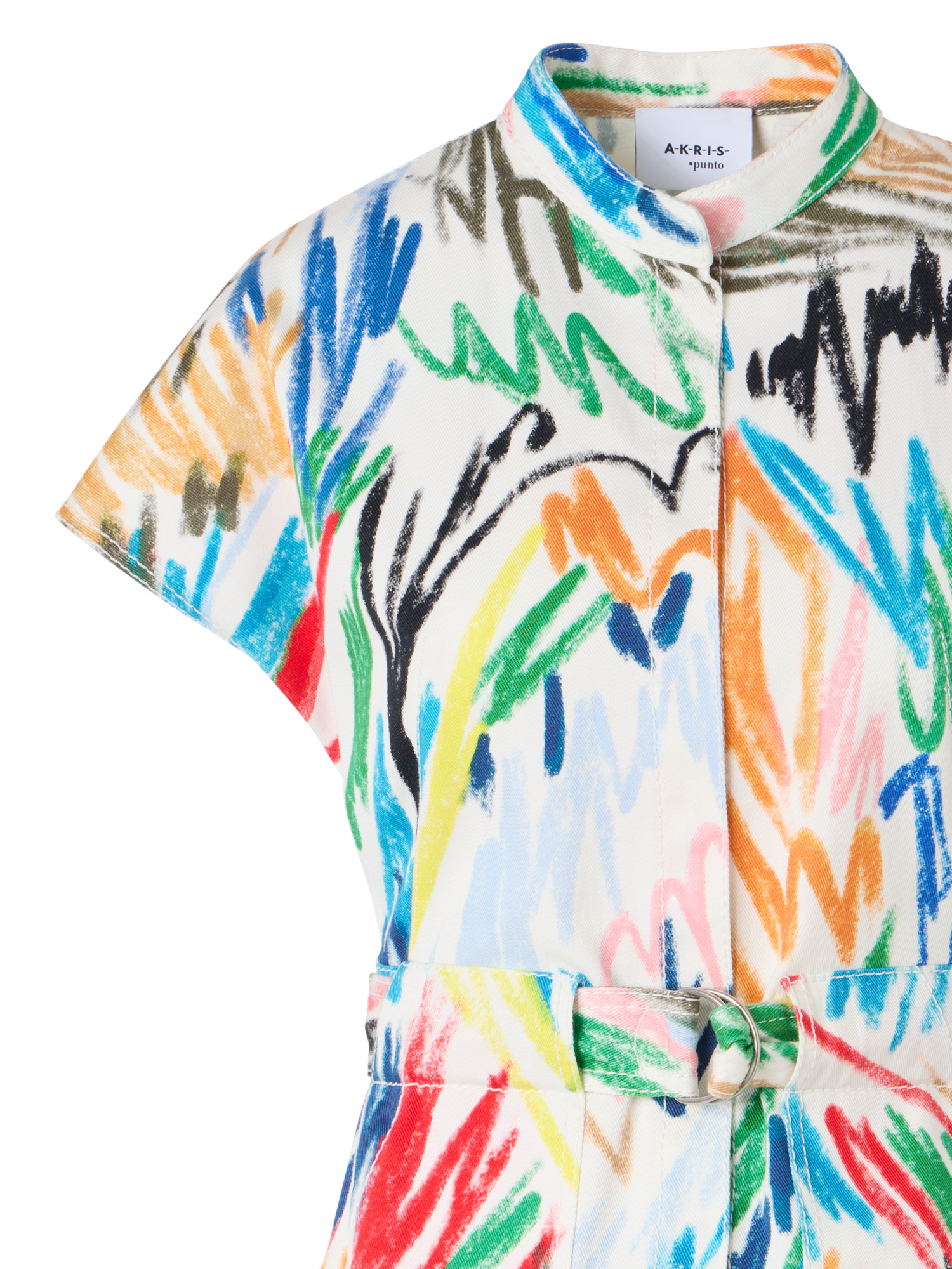 Designer Belted Scribble Print Cotton Denim Mini Dress - multicolor - ecru