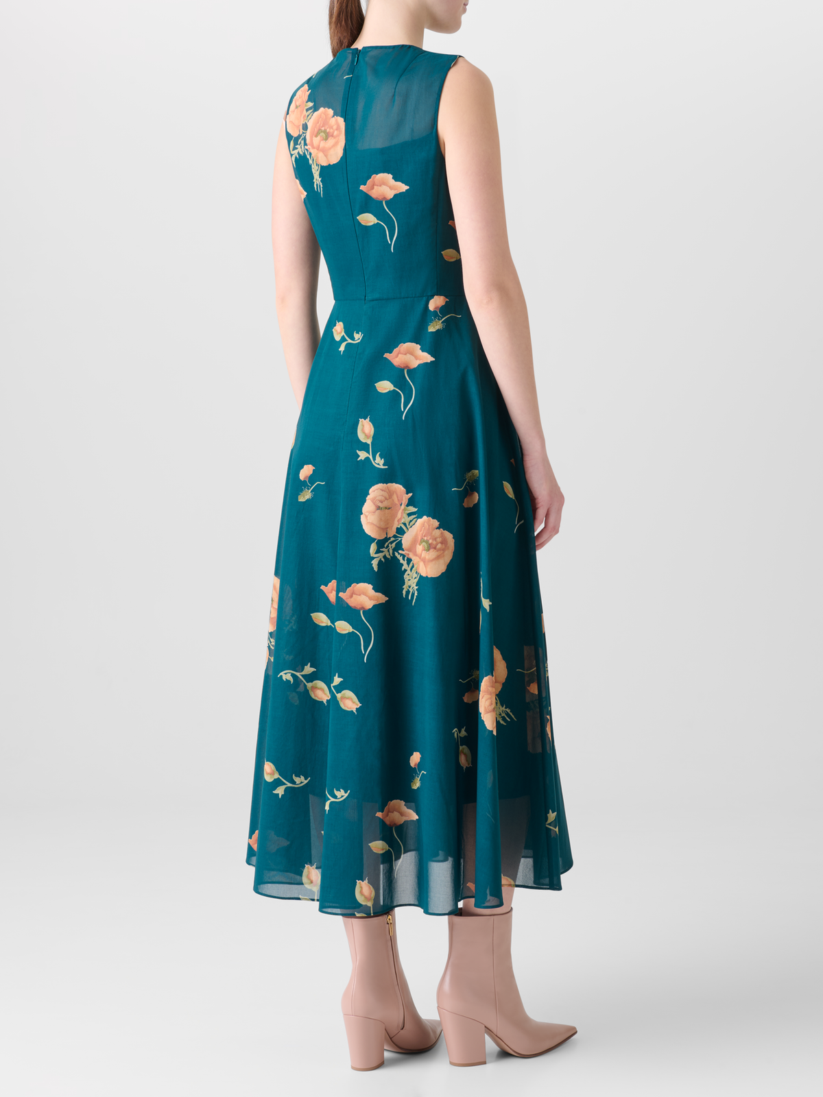 Designer Flared Cotton Midi Dress with Anemone Print  - green - multicolor