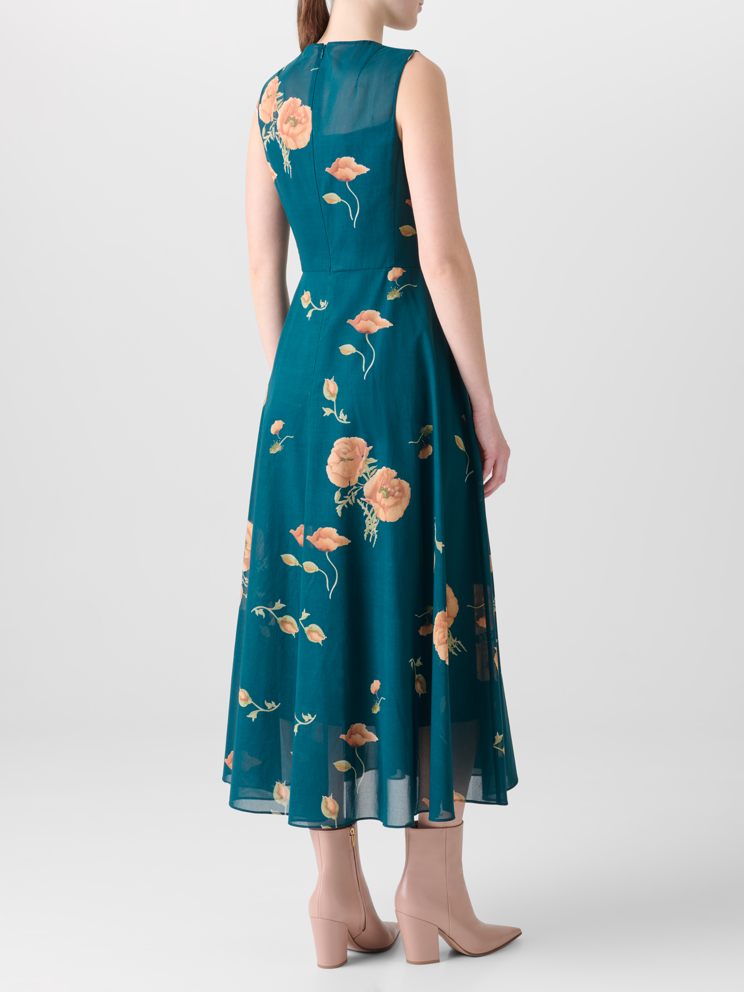 Designer Flared Cotton Midi Dress with Anemone Print  - green - multicolor