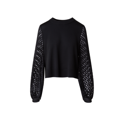 Mixed Media Wool Knit Sweater with Lace Sleeves