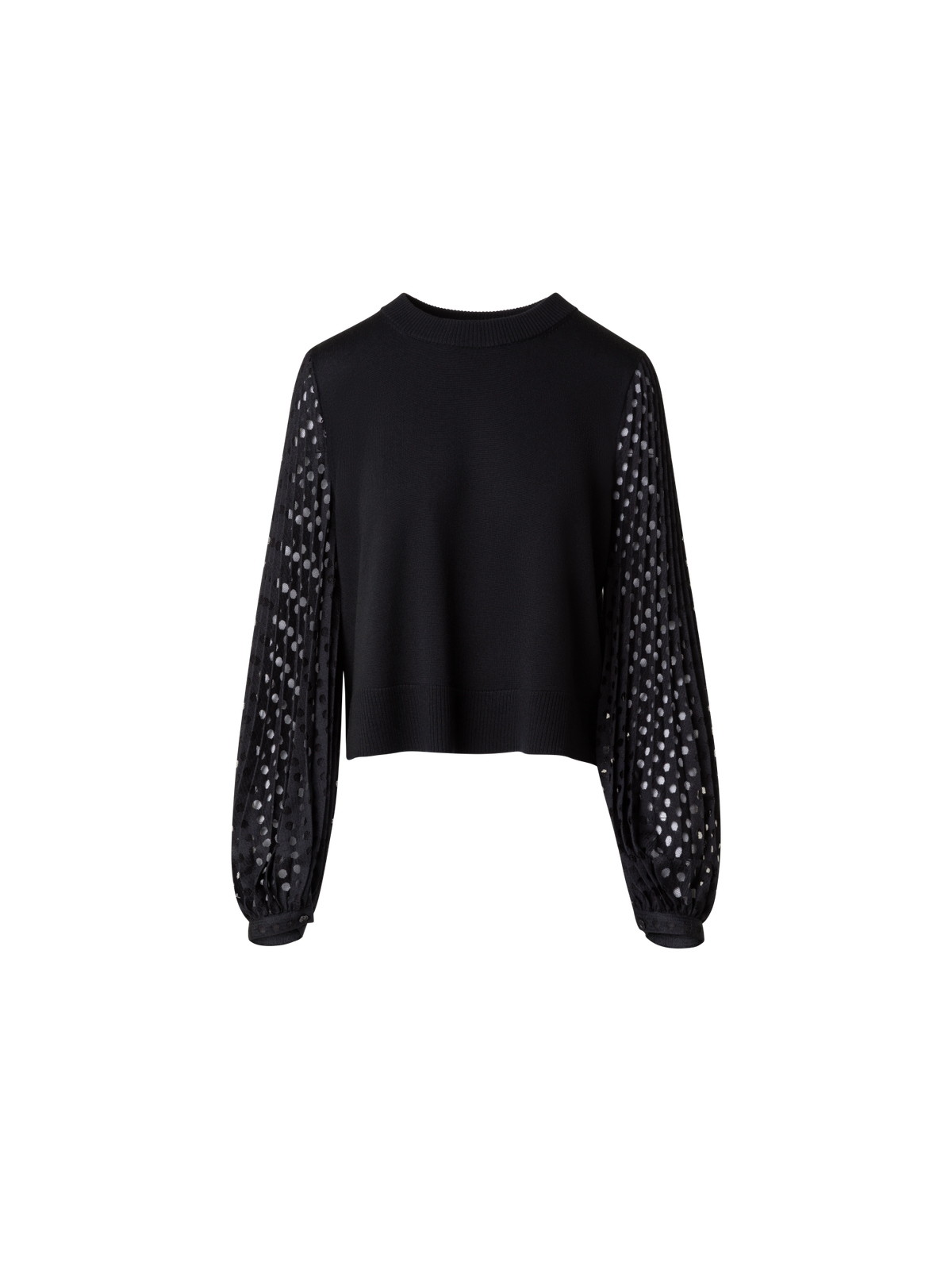 Designer Mixed Media Wool Knit Sweater with Lace Sleeves - black