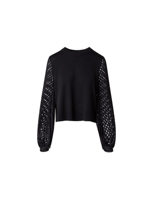 Designer Mixed Media Wool Knit Sweater with Lace Sleeves - black
