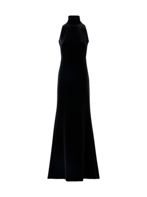 Designer Velvet Halter Gown with The Fringe Knot - black