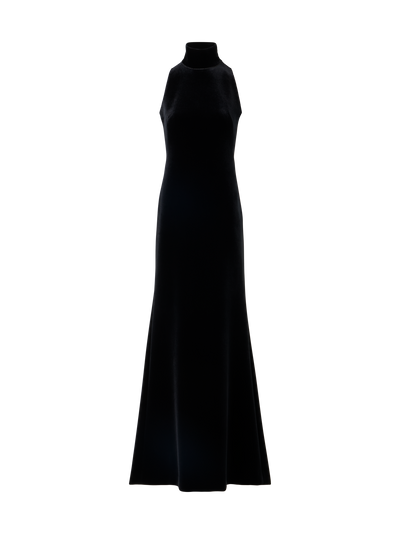 Designer Velvet Halter Gown with The Fringe Knot - black