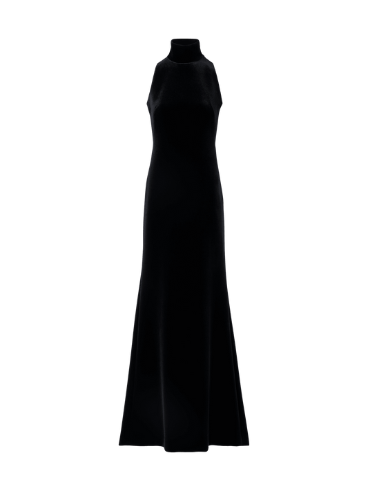 Designer Velvet Halter Gown with The Fringe Knot - black
